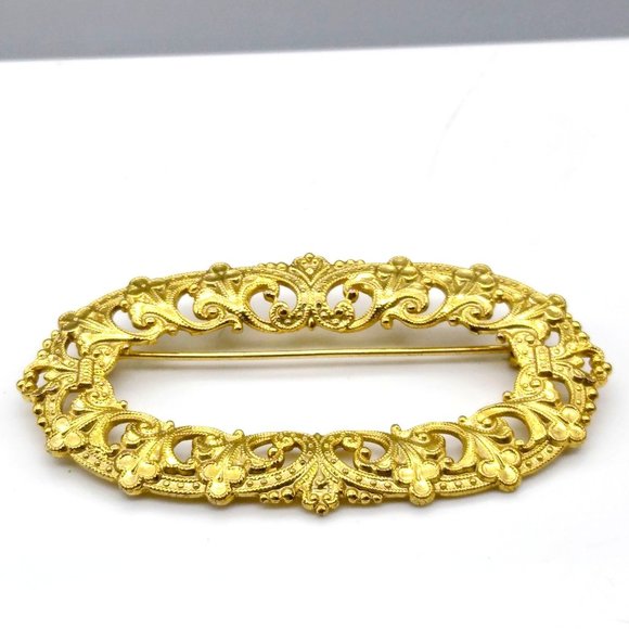 Art Deco Style Filigree Brooch, Chic Vintage Gold Tone Oval, Elegant Lapel or Sc - Picture 3 of 4